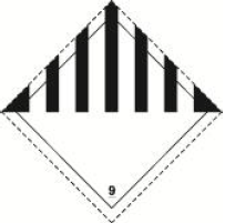 <strong>Şekil 4.</strong> Bu tehlike etiketi bazı non-enfeksiyöz GMMO/GMO (UN 3245) veya kuru buz (katı CO<sub>2</sub>) (UN 1845) içeren paketler içindir. Maddeler kuru buz ile birlikte paketlendiğinde primer tehlike için yapıştırılmış etikete (<em>ör</em>., Kategori A enfeksiyöz maddeler için şekil 3'te gösterilen; Kategori B enfeksiyöz maddeler için şekil 7‟de gösterilen etikete) ilave olarak bu etiketi de göstermek zorundadırlar. 